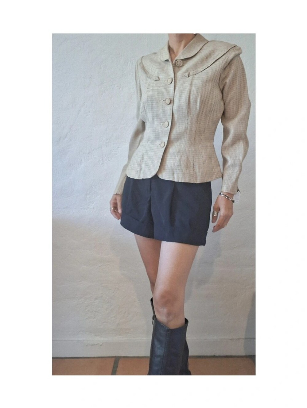 VTG 1940s Gabardine Tailored Hourglass Houndstooth Portrait Collar Blazer M